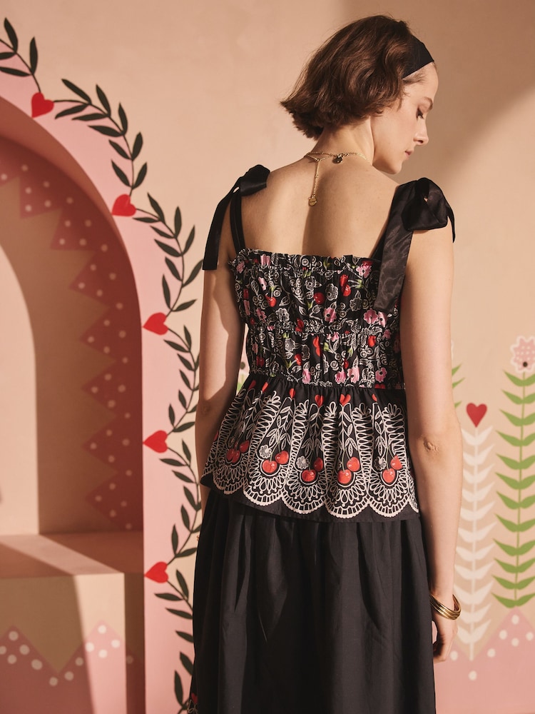 Cath Kidston Black Cherry Shirred Cami 100% Cotton Top - Image 3 of 7