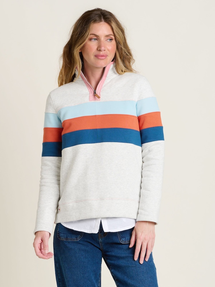 Brakeburn Cream 100% Cotton Chest Stripe Quarter Zip Sweatshirt - Image 1 of 4