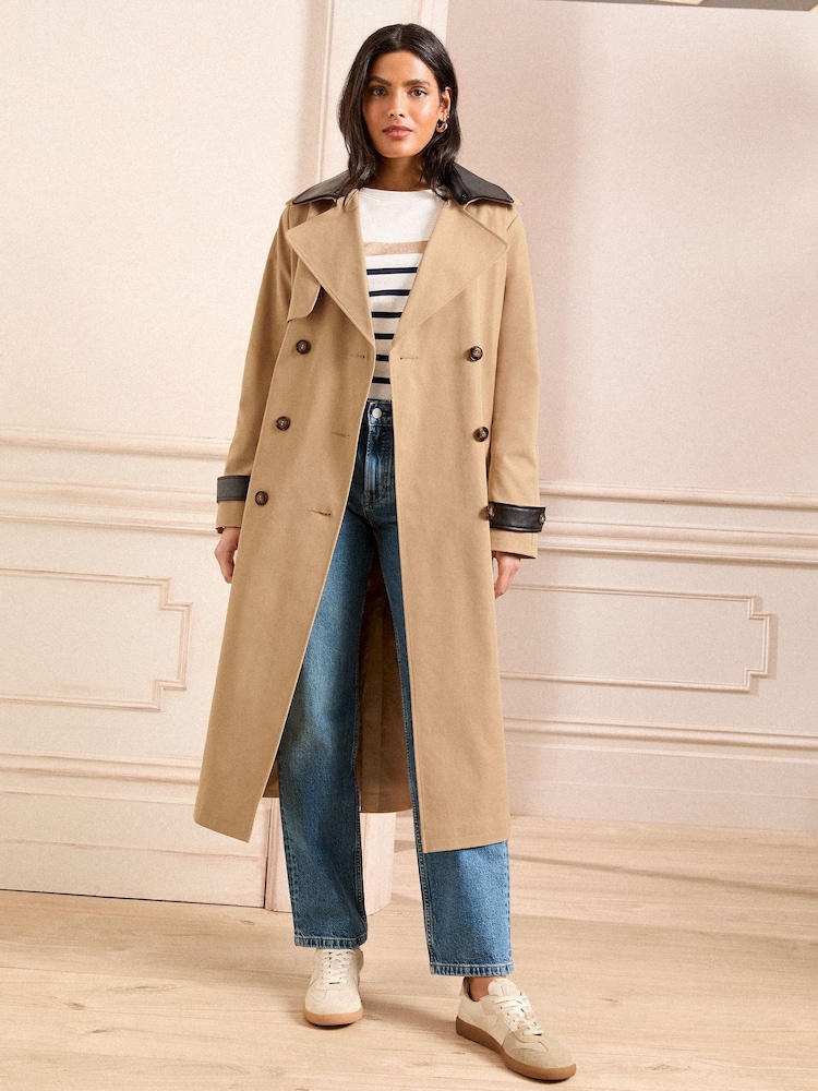 Love & Roses Detachable Black Faux Leather Collar Camel Mix Shower Resistant Belted Double Breasted Trench Coat - Image 1 of 5