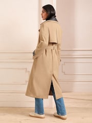 Love & Roses Detachable Black Faux Leather Collar Camel Mix Shower Resistant Belted Double Breasted Trench Coat - Image 2 of 5