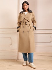 Love & Roses Detachable Black Faux Leather Collar Camel Mix Shower Resistant Belted Double Breasted Trench Coat - Image 3 of 5