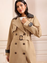 Love & Roses Detachable Black Faux Leather Collar Camel Mix Shower Resistant Belted Double Breasted Trench Coat - Image 5 of 5