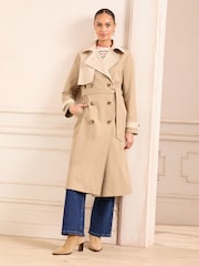 Love & Roses Cream and Stone Colour Block Mix Shower Resistant Belted Double Breasted Trench Coat - Image 1 of 4