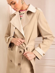 Love & Roses Cream and Stone Colour Block Mix Shower Resistant Belted Double Breasted Trench Coat - Image 2 of 4