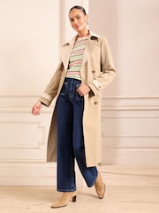 Love & Roses Cream and Stone Colour Block Mix Shower Resistant Belted Double Breasted Trench Coat - Image 3 of 4