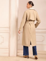 Love & Roses Cream and Stone Colour Block Mix Shower Resistant Belted Double Breasted Trench Coat - Image 4 of 4