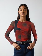 Ro&Zo Red Floral Placement Print Mesh Top - Image 1 of 4