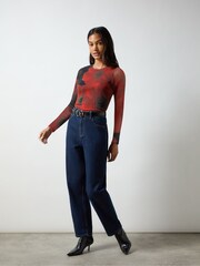 Ro&Zo Red Floral Placement Print Mesh Top - Image 2 of 4
