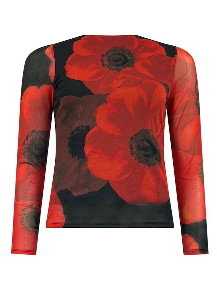 Ro&Zo Red Floral Placement Print Mesh Top - Image 4 of 4