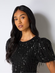 Ro&Zo Gina Fringe Sequin Puff Sleeve Midi Dress - Bild 2 von 7