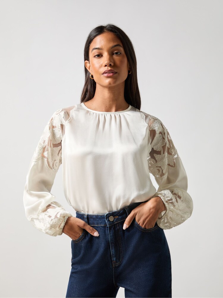 Ro&Zo White Satin Lace Insert Blouse - Image 1 of 3