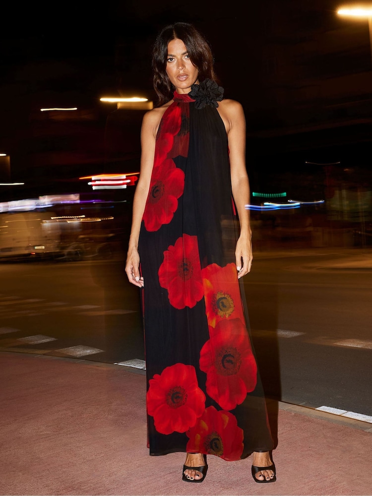 Ro&Zo Red Isabella Floral Print Corsage Trim Maxi Dress - Image 1 of 8