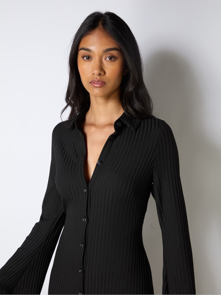 Ro&Zo Black Rib Button Through Dress - Image 3 of 4