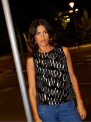 Ro&Zo Black Embellished Velvet Shell Top - Image 1 of 5