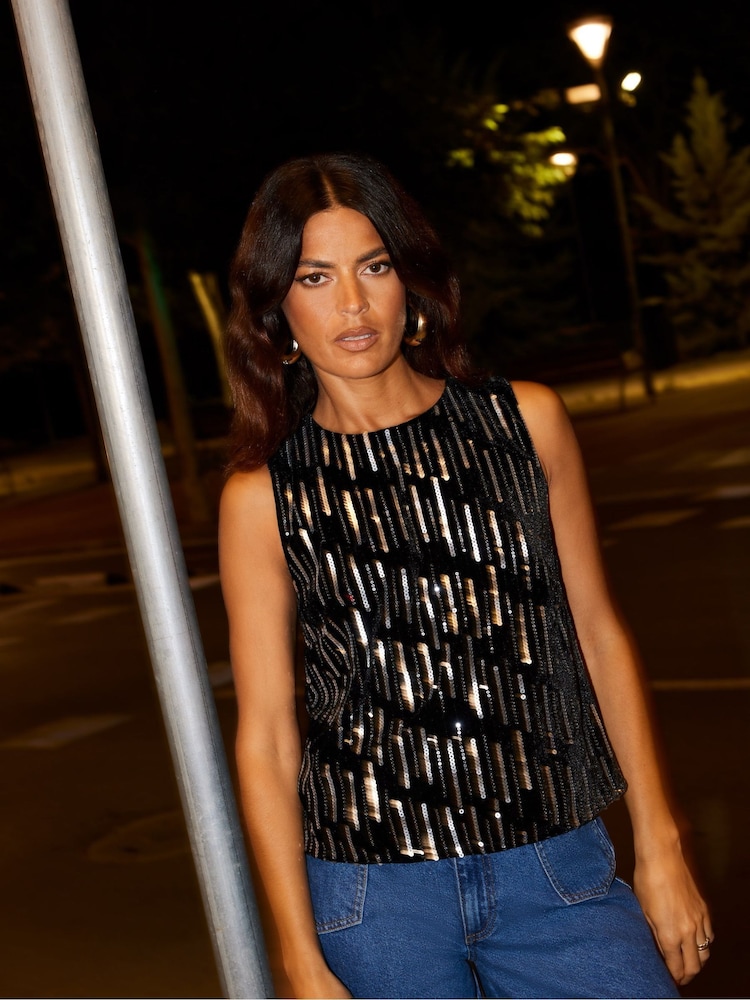 Ro&Zo Black Embellished Velvet Shell Top - Image 1 of 5