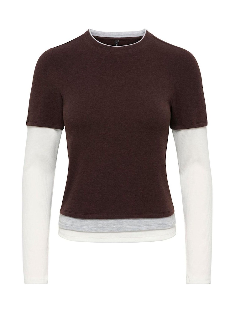 ONLY Brown Layered Jersey Long Sleeve T-Shirt - Image 1 of 3 ONLY Brown Layered Jersey Long Sleeve T-Shirt - Image 1 of 3