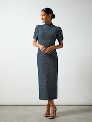 Ro&Zo Blue Harriet Teal Sparkle Jersey High Neck Dress - Image 4 of 6