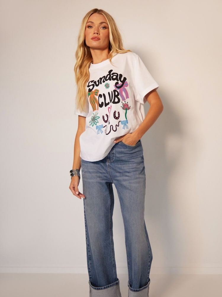 Another Sunday White Club Graphic Print Short Sleeve 100% Cotton T-Shirt - Image 1 of 3