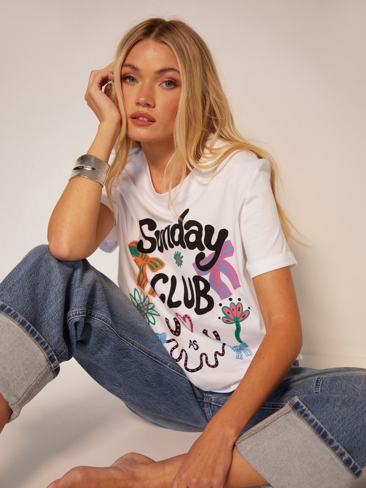 Another Sunday White Club Graphic Print Short Sleeve 100% Cotton T-Shirt - Image 2 of 3
