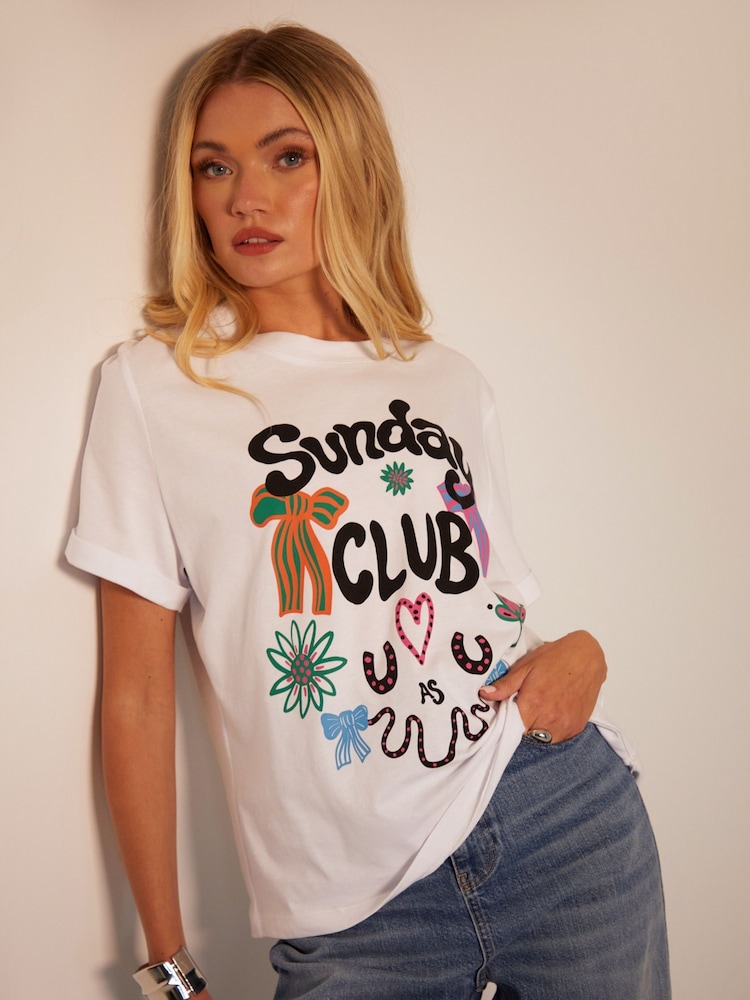 Another Sunday White Club Graphic Print Short Sleeve 100% Cotton T-Shirt - Image 3 of 3