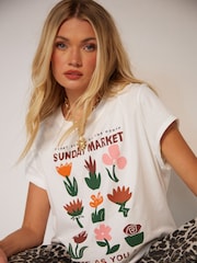 Another Sunday Cream Market Flower Graphic Print Short Sleeve 100% Cotton T-Shirt - Image 1 of 3