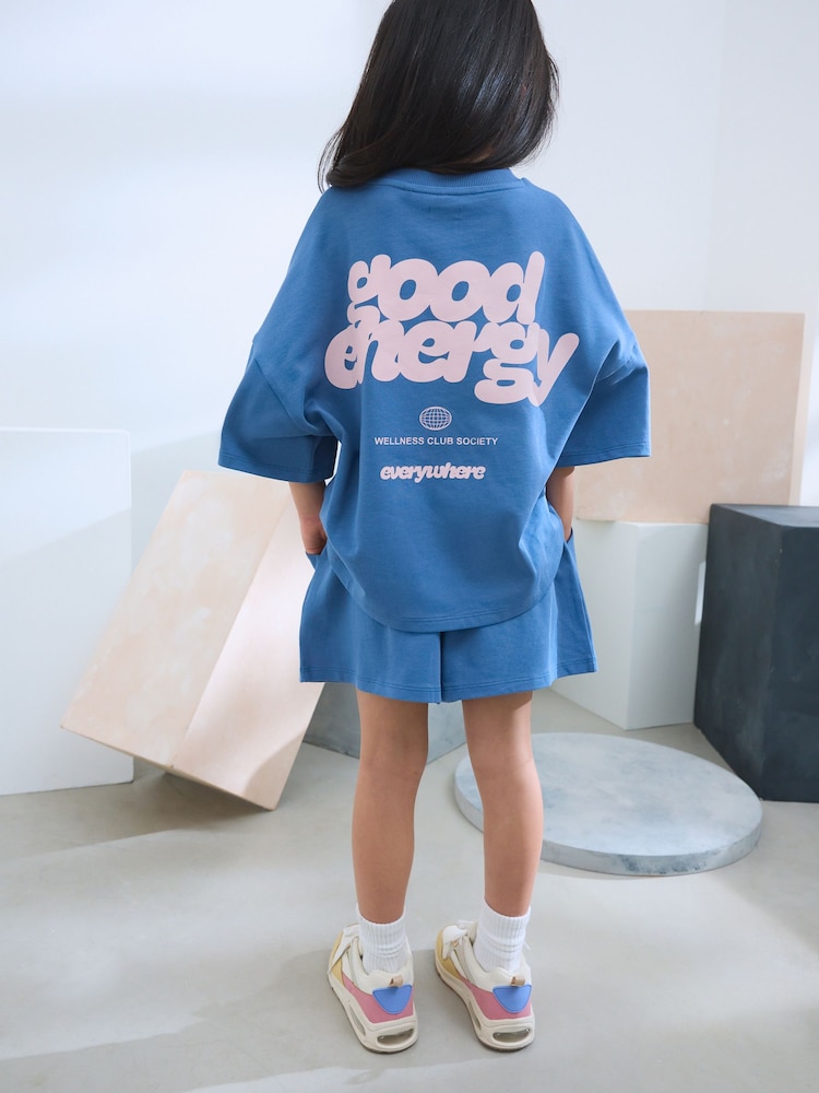 Blue Slogan 100% Cotton T-Shirt And Short Set (3-16yrs) - Image 1 of 9