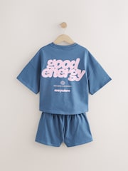 Blue Slogan 100% Cotton T-Shirt And Short Set (3-16yrs) - Image 6 of 9
