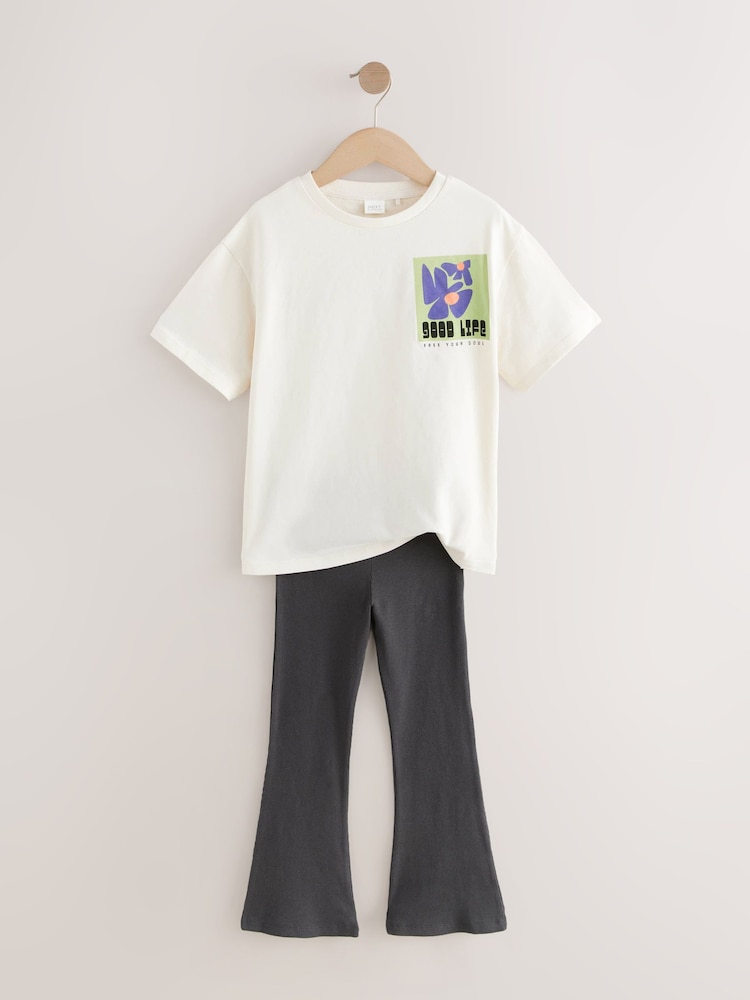 White Graphic T-Shirt and Ribbed Flare 100% Cotton Set (3-16yrs) - Image 6 of 9