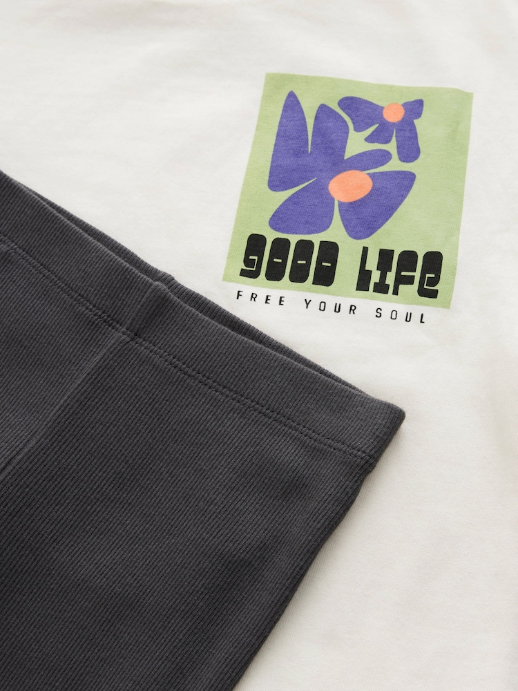 White Graphic T-Shirt and Ribbed Flare 100% Cotton Set (3-16yrs) - Image 9 of 9
