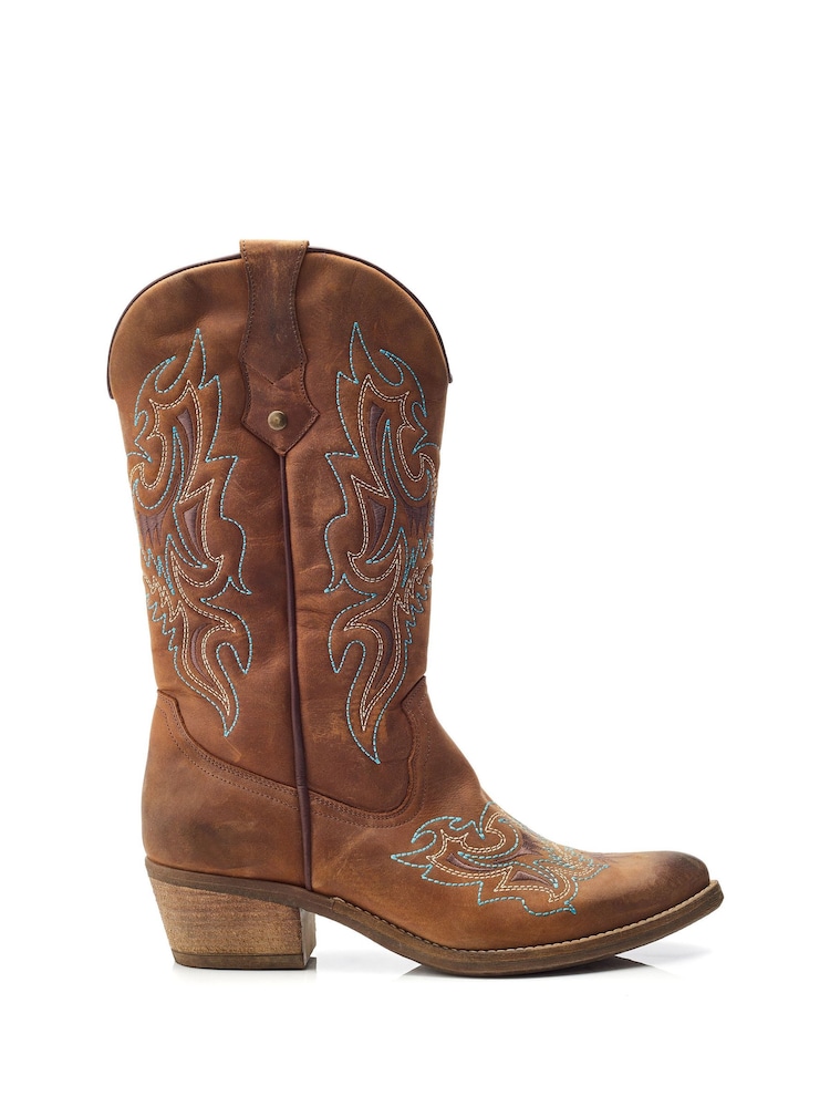 Moda in Pelle Fantelene Stitched Detail Leather Cowboy Brown Boots - Image 1 of 4