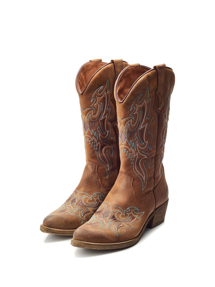 Moda in Pelle Fantelene Stitched Detail Leather Cowboy Brown Boots - Image 2 of 4