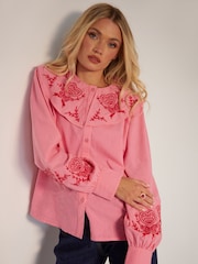 Another Sunday Pink Button Through Oversized Collared 100% Cotton Blouse with Contrast Embroidery - Image 1 of 4