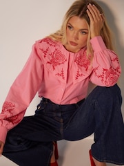 Another Sunday Pink Button Through Oversized Collared 100% Cotton Blouse with Contrast Embroidery - Image 2 of 4