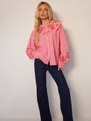 Another Sunday Pink Button Through Oversized Collared 100% Cotton Blouse with Contrast Embroidery - Image 3 of 4