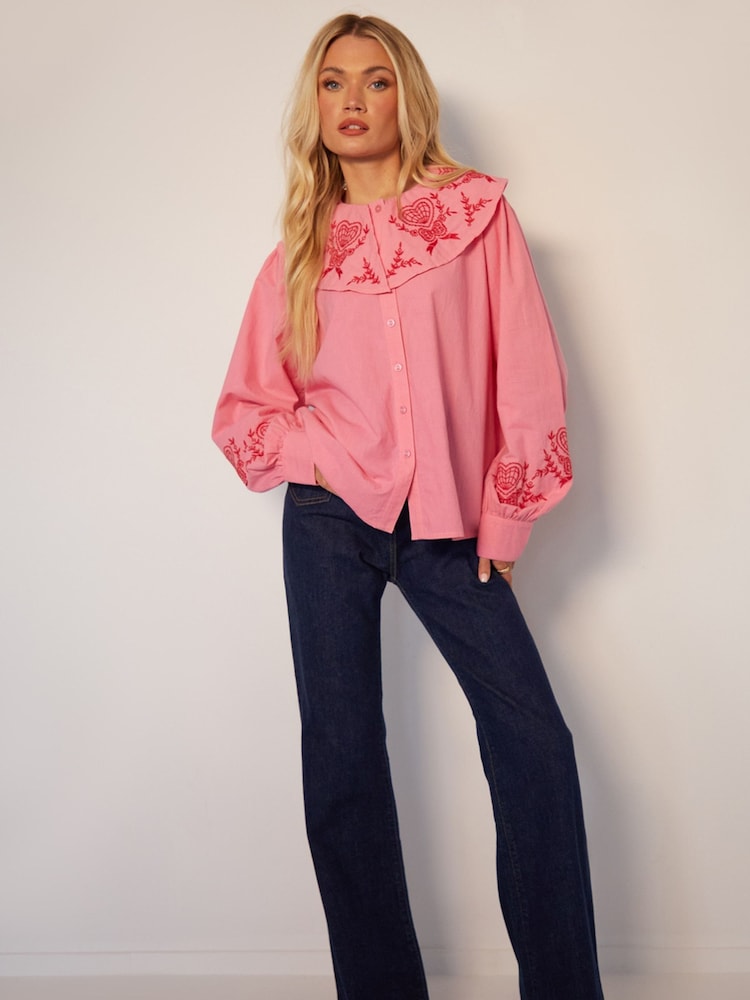 Another Sunday Pink Button Through Oversized Collared 100% Cotton Blouse with Contrast Embroidery - Image 3 of 4