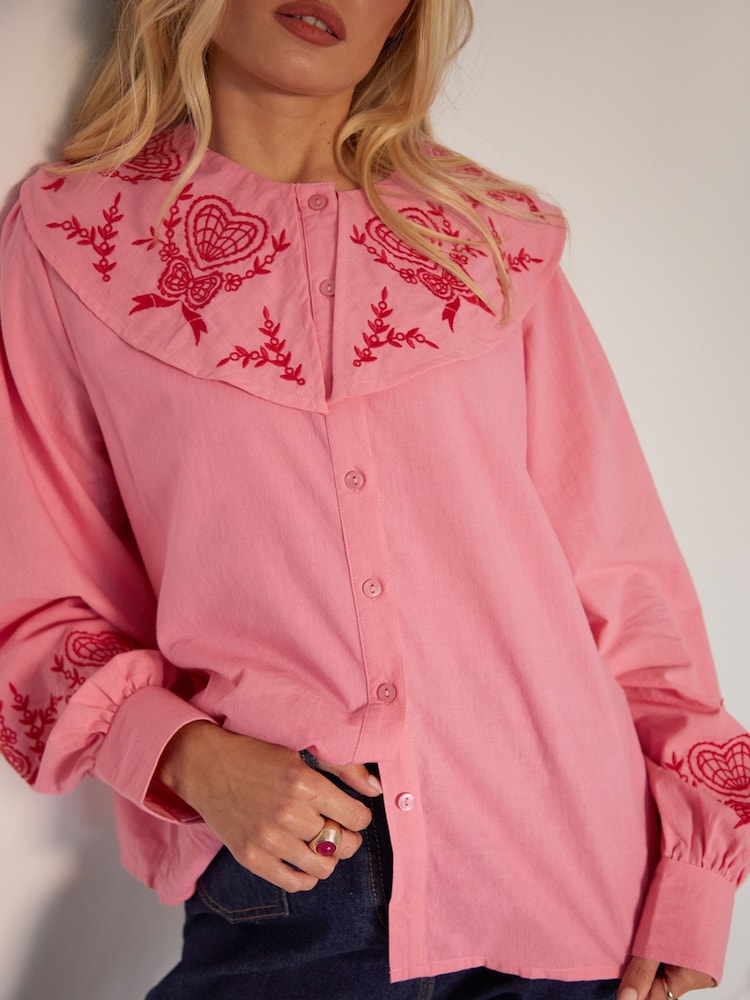 Another Sunday Pink Button Through Oversized Collared 100% Cotton Blouse with Contrast Embroidery - Image 4 of 4