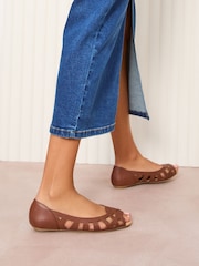 Friends Like These Brown Standard Fit Flat Peeptoe Faux Leather Cut Out Ballerinas Shoes - Image 4 of 4