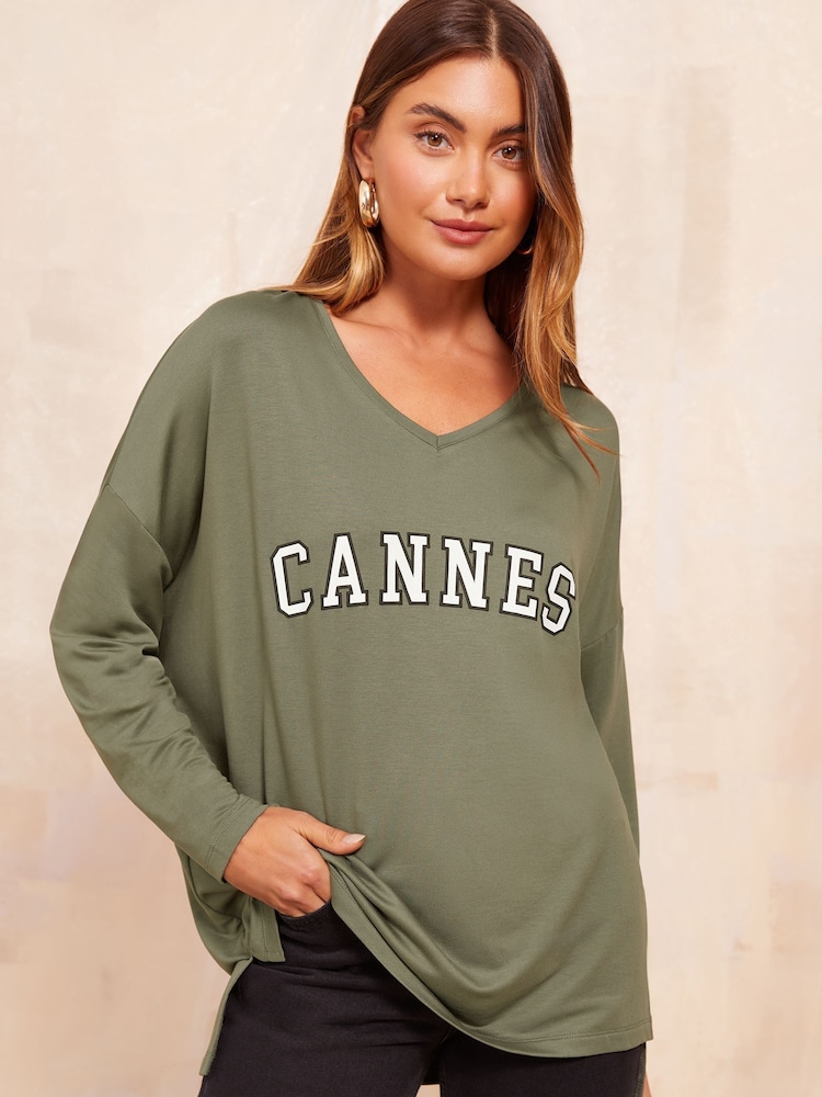 Friends Like These Khaki Graphic Slogan Soft Jersey V-Neck Long Sleeve Tunic Top - Image 1 of 1