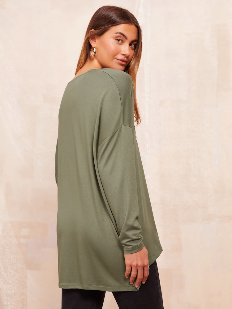 Friends Like These Khaki Graphic Slogan Soft Jersey V-Neck Long Sleeve Tunic Top - Image 4 of 4