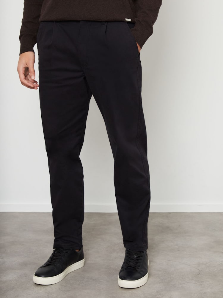 Threadbare Black Cotton Straight Leg Pleated Chino Trousers With Stretch - Image 1 of 4