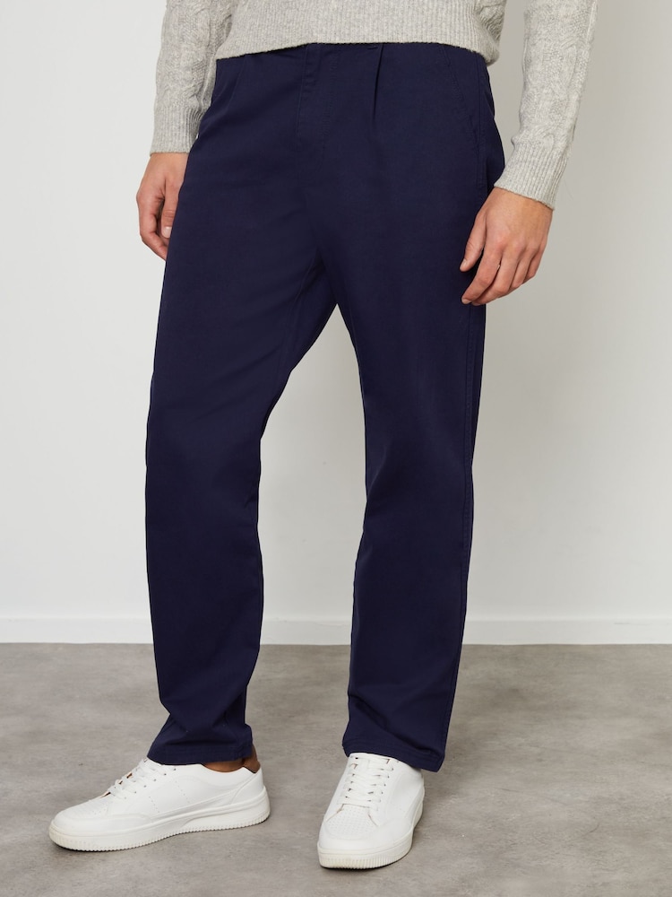 Threadbare Navy Cotton Straight Leg Pleated Chino Trousers With Stretch - Image 1 of 4