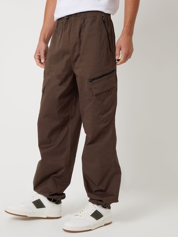 Threadbare Brown Cotton Parachute Cargo Trousers With Stretch - Image 1 of 4