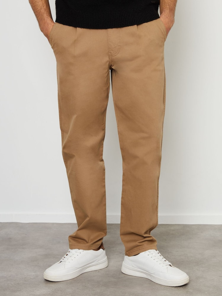 Threadbare Brown Cotton Straight Leg Pleated Chino Trousers With Stretch - Image 1 of 4