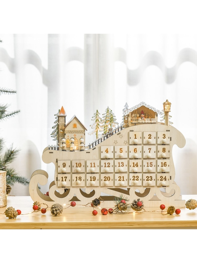 Homcom Brown Sleigh Advent Calendar Light Up Christmas Decoration - Image 1 of 6