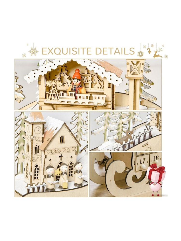 Homcom Brown Sleigh Advent Calendar Light Up Christmas Decoration - Image 2 of 6