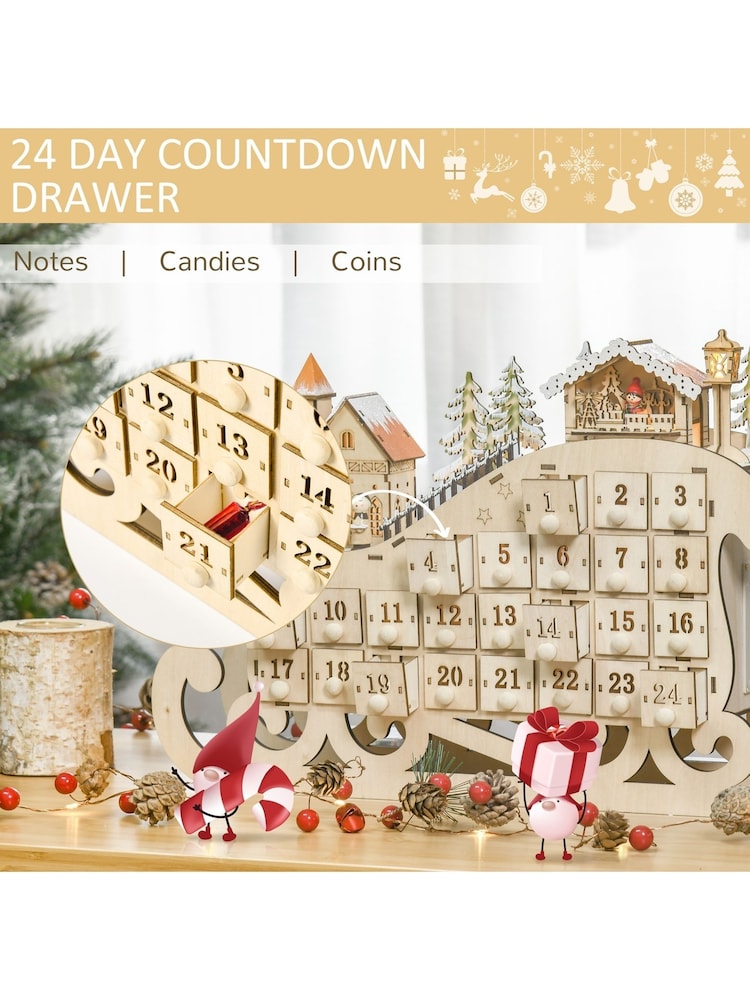 Homcom Brown Sleigh Advent Calendar Light Up Christmas Decoration - Image 6 of 6