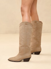 Lipsy Neutral Flat Knee High Long Western Cowboy Boots - Image 3 of 5