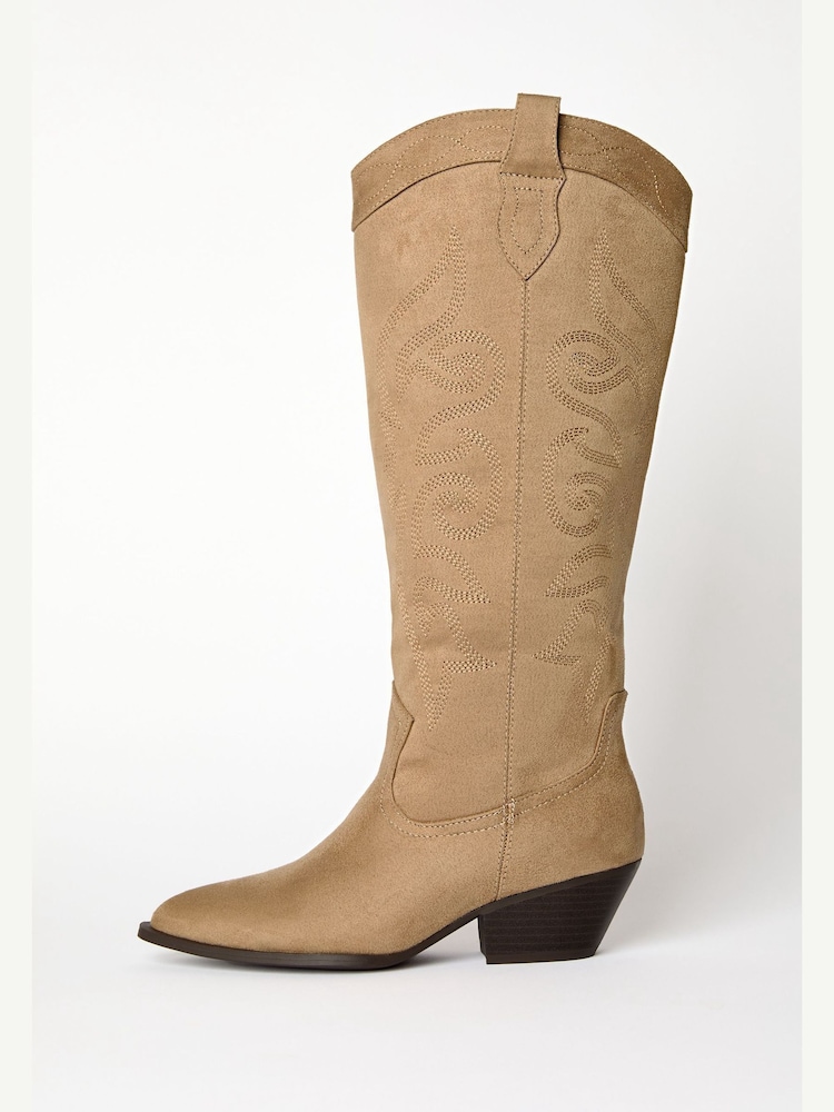 Lipsy Neutral Flat Knee High Long Western Cowboy Boots - Image 5 of 5