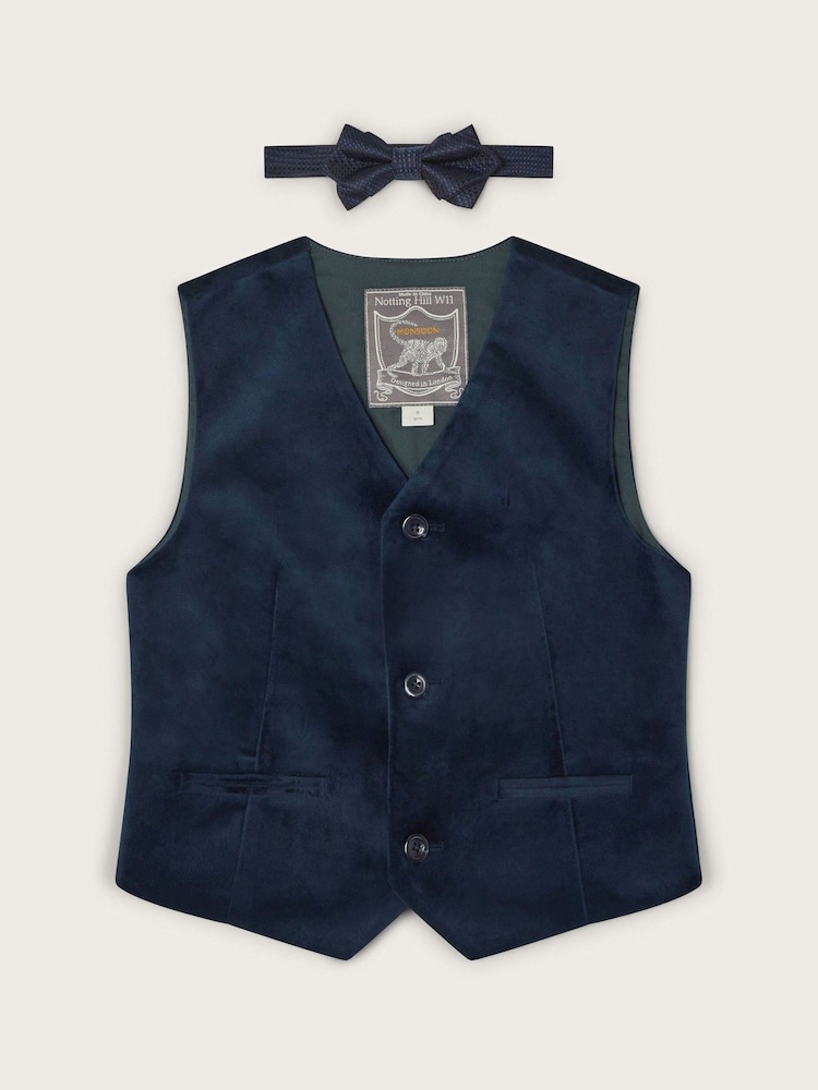 Monsoon Blue Velvet Waistcoat and Bow Tie Set - Image 1 of 3