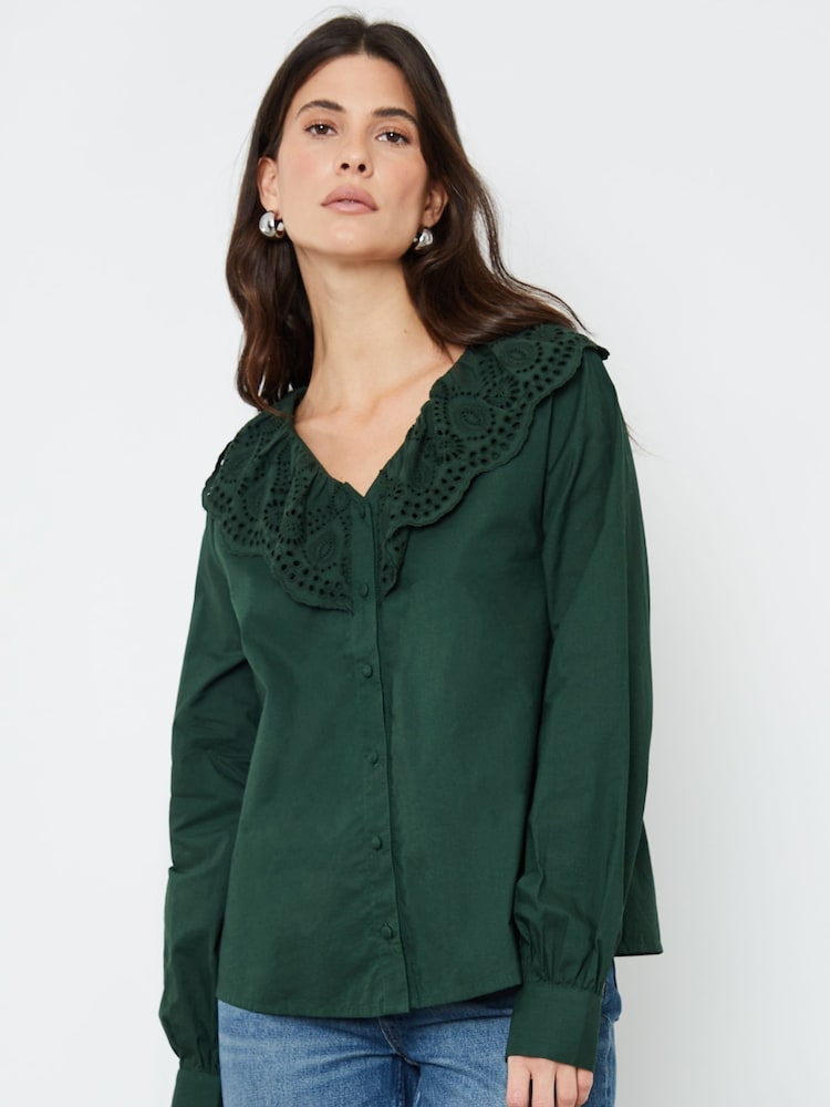 Another Sunday Green Broderie Collar Button Through 100% Cotton Blouse - Image 1 of 1
